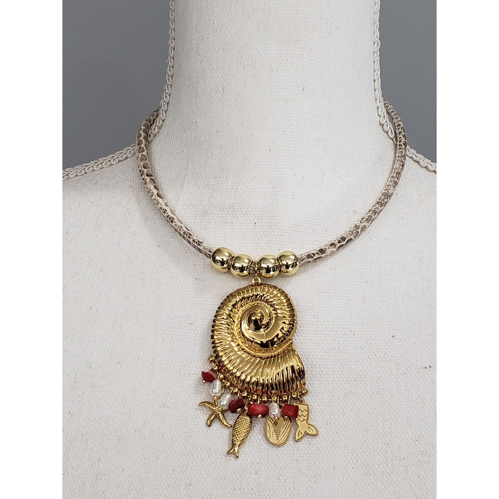 MAYAMAR CORD SEASHELL NECKLACE SNAKESKIN FISH PEARL GOLD STONE BEADED COASTAL